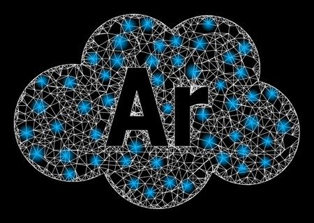 Flare wire frame argon cloud with light spots. Vector carcass based on argon cloud icon, and from crossing lines. Flare carcass mesh argon cloud on a black background.のイラスト素材