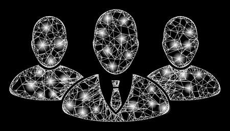 Sparkle crossing mesh boss group with glowing spots. Vector carcass based on boss group icon, and from crossed lines. Glowing carcass mesh boss group on a black background.のイラスト素材