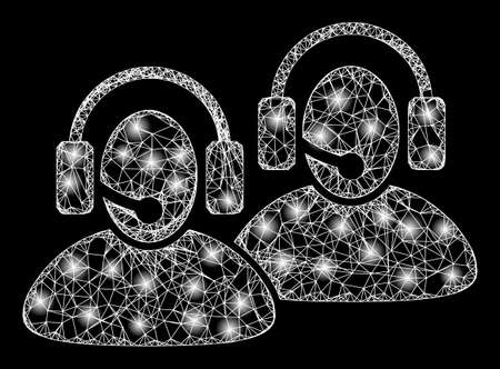 Sparkle crossing mesh call center with lightspots. Vector frame generated from call center icon, and from crossing lines. Sparkle carcass mesh call center on a black background.のイラスト素材