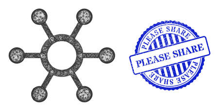Vector crossing mesh central links frame, and Please Share blue rosette corroded seal imitation. Linear frame net image designed with central links icon, is made with crossed lines.のイラスト素材