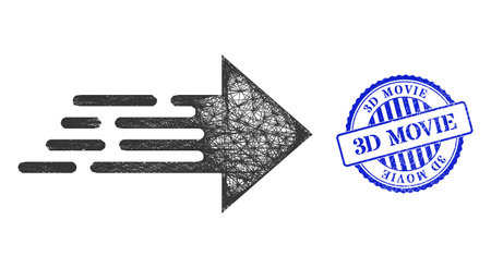 Vector net express movement arrow model, and 3D Movie blue rosette dirty stamp seal. Linear frame net illustration designed with express movement arrow pictogram, generated from intersected lines.のイラスト素材