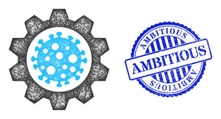 Vector crossing mesh virus gear frame, and Ambitious blue rosette grunge seal imitation. Hatched frame net symbol created from virus gear icon, is created from crossing lines.のイラスト素材