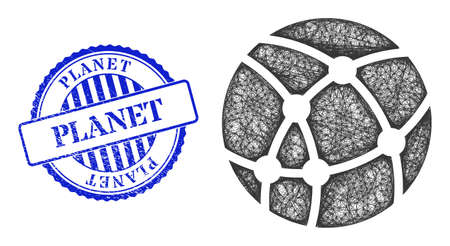 Vector network web sphere frame, and Planet blue rosette textured seal. Wire frame network image designed with web sphere icon, made with crossed lines.のイラスト素材