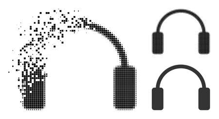 Dissolving dot headphones icon with halftone version. Vector wind effect for headphones pictogram. Pixel dissolving effect for headphones shows movement of virtual concepts.のイラスト素材