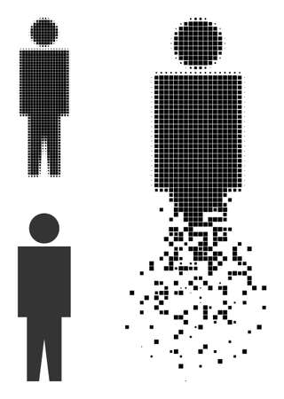 Dissolved pixelated man person icon with halftone version. Vector wind effect for man person pictogram. Pixelated disappearing effect for man person reproduces speed of cyberspace concepts.のイラスト素材