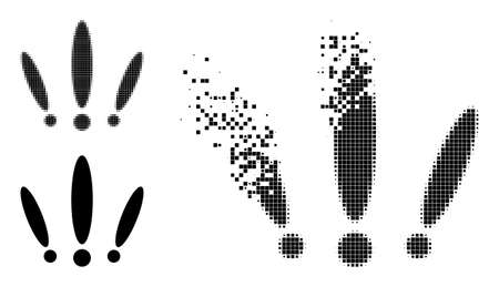 Dispersed pixelated multiple warnings glyph with halftone version. Vector destruction effect for multiple warnings symbol.のイラスト素材