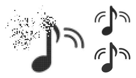 Disappearing dot music pictogram with halftone version. Vector destruction effect for music pictogram. Pixelated dissolution effect for music shows motion of cyberspace items.のイラスト素材
