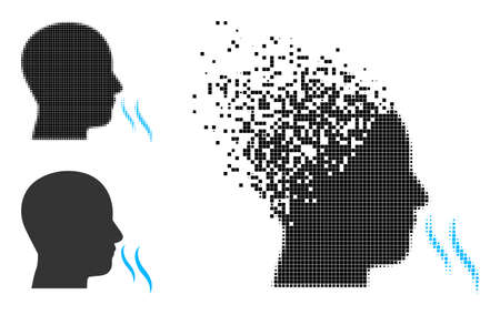 Dissipated dotted nose smell icon with halftone version. Vector wind effect for nose smell icon. Pixel disappearing effect for nose smell demonstrates movement of cyberspace world.のイラスト素材