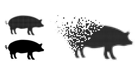Fragmented pixelated pig pictogram with halftone version. Vector wind effect for pig icon. Pixelated disappearing effect for pig gives speed of virtual things.のイラスト素材