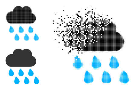 Damaged pixelated rain weather pictogram with halftone version. Vector destruction effect for rain weather pictogram. Pixel destruction effect for rain weather shows speed of cyberspace world.のイラスト素材