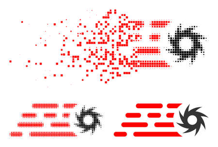 Destructed dot rush circular saw pictogram with halftone version. Vector destruction effect for rush circular saw pictogram.のイラスト素材