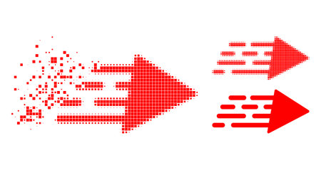 Dissolving dot rush movement pictogram with halftone version. Vector wind effect for rush movement symbol. Pixelated abrasion process for rush movement demonstrates movement of cyberspace concepts.のイラスト素材