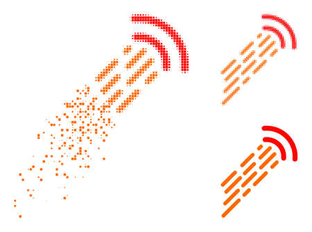 Dispersed dotted shock wave pictogram with halftone version. Vector wind effect for shock wave pictogram. Pixelated destruction effect for shock wave demonstrates speed of virtual abstractions.のイラスト素材