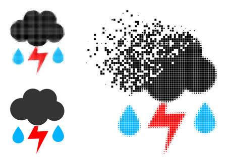 Burst pixelated thunderstorm rain pictogram with halftone version. Vector wind effect for thunderstorm rain icon. Pixelated mist effect for thunderstorm rain gives movement of virtual abstractions.のイラスト素材