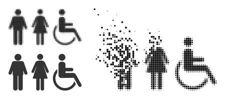 Moving pixelated toilet person symbols pictogram with halftone version. Vector wind effect for toilet person symbols pictogram.のイラスト素材
