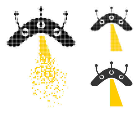 Erosion pixelated UFO icon with halftone version. Vector wind effect for UFO icon. Pixel disintegrating effect for UFO shows movement of virtual world.のイラスト素材