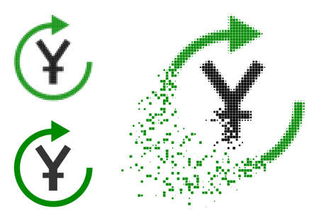 Dust dotted yen repay glyph with halftone version. Vector destruction effect for yen repay symbol. Pixel dust effect for yen repay shows movement of virtual items.のイラスト素材