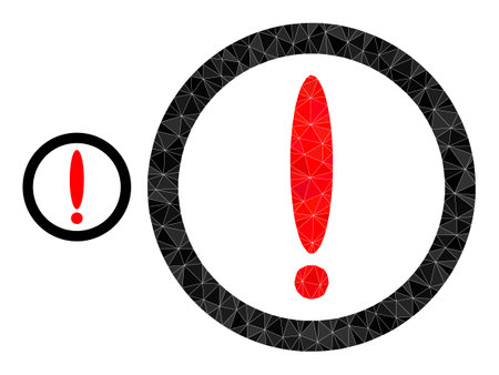 lowpoly round warning icon on a white background. Flat geometric polygonal illustration based on round warning icon. Polygonal round warning vector filled with chaotic triangles.のイラスト素材