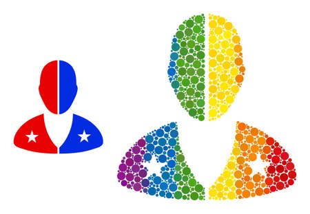 American man collage icon of filled circles in variable sizes and rainbow colored color tones. A dotted LGBT-colored american man for lesbians, gays, bisexuals, and transgenders.のイラスト素材