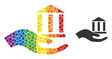 Bank offer hand mosaic icon of circle elements in different sizes and spectrum colorful color hues. A dotted LGBT-colored bank offer hand for lesbians, gays, bisexuals, and transgenders.のイラスト素材