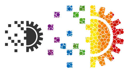 Digital gearwheel generation composition icon of filled circles in different sizes and spectrum multicolored color tints. A dotted LGBT-colored digital gearwheel generation for lesbians, gays,のイラスト素材