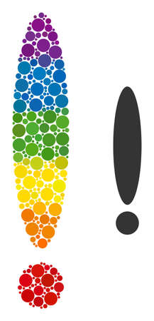 Exclamation sign mosaic icon of round items in variable sizes and rainbow color hues. A dotted LGBT-colored exclamation sign for lesbians, gays, bisexuals, and transgenders.のイラスト素材