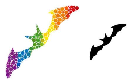 Flying bat composition icon of filled circles in different sizes and rainbow colored color tints. A dotted LGBT-colored flying bat for lesbians, gays, bisexuals, and transgenders.のイラスト素材