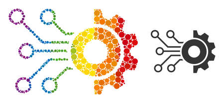 Gear circuit collage icon of circle elements in different sizes and rainbow colorful color hues. A dotted LGBT-colored gear circuit for lesbians, gays, bisexuals, and transgenders.のイラスト素材
