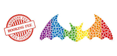 Bat mouse collage icon of circle elements in various sizes and rainbow colored color tints. Red round scratched watermark with Booking Fee caption. A dotted LGBT- colored bat mouse for lesbians, gays,のイラスト素材