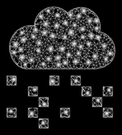 Illuminated wire frame digital cloud with glowing spots. Vector carcass based on digital cloud icon, and with crossed lines. Glowing carcass polygonal digital cloud on a black background.のイラスト素材