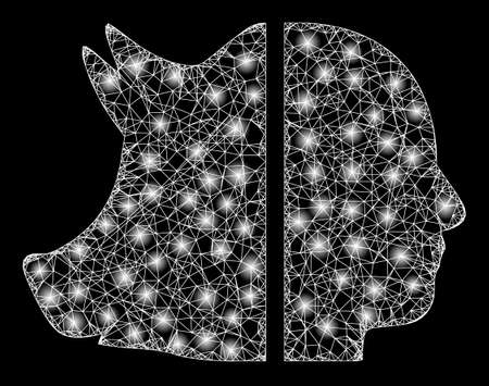 Glowing wire frame dual pig man with light spots. Vector frame created from dual pig man icon, and from intersected lines. Flare frame mesh dual pig man on a black background.のイラスト素材