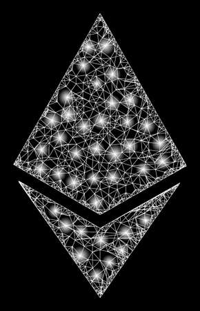 Glowing network ethereum crystal with glowing spots. Vector carcass generated from ethereum crystal icon, and from crossed lines. Glowing carcass polygonal ethereum crystal on a black background.のイラスト素材