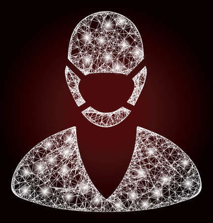 Glowing net mesh patient mask with glowing spots on a dark red gradient background. Vector carcass based on patient mask icon, and with intersected lines. Glowing carcass hatched mesh patient mask.のイラスト素材