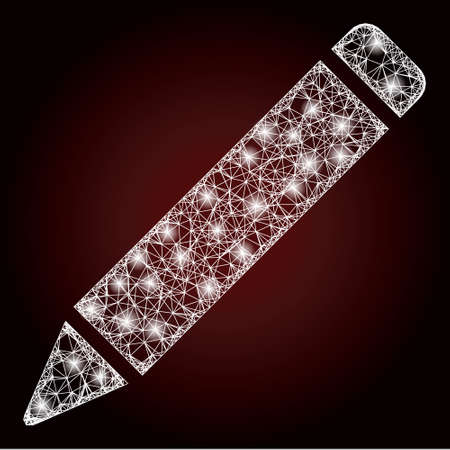 Sparkle crossing mesh pencil with light spots on a dark red gradiented background. Vector carcass based on pencil icon, and with intersected lines. Constellation carcass hatched mesh pencil.のイラスト素材