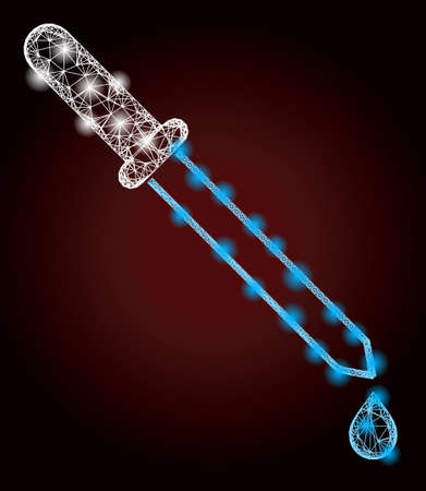 Illuminated crossing mesh pipette with light spots on a dark red gradient background. Vector carcass created from pipette icon, and from hatched lines. Bright carcass hatched mesh pipette.のイラスト素材