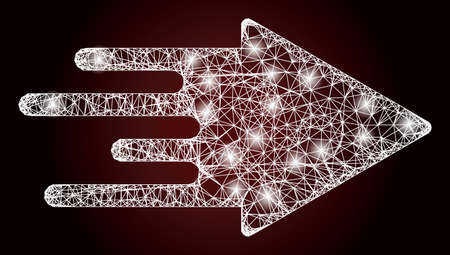 Sparkle net mesh quick arrow with lightspots on a dark red gradient background. Vector frame...