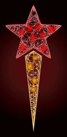 Bright net mesh star start with glowing spots on a dark red gradiented background. Vector model based on star start icon, and with crossed lines. Bright frame hatched mesh star start.のイラスト素材