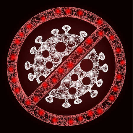 Illuminated net mesh stop covid infection with light spots on a dark red gradiented background. Vector carcass generated from stop covid infection icon, and from hatched lines.のイラスト素材