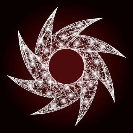 Glossy crossing mesh turbine with light spots on a dark red gradient background. Vector grid based on turbine icon, and with intersected lines. Constellation frame hatched mesh turbine.のイラスト素材