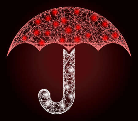 Sparkle net mesh umbrella with light spots on a dark red gradient background. Vector frame based on umbrella icon, and with hatched lines. Bright carcass hatched mesh umbrella.のイラスト素材