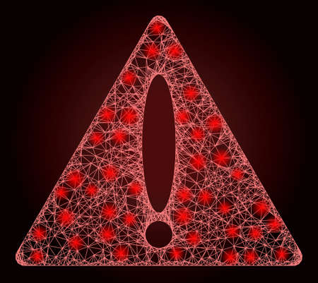 Constellation net mesh warning triangle with glowing spots on a dark red gradiented background. Vector carcass generated from warning triangle icon, and from intersected lines.のイラスト素材