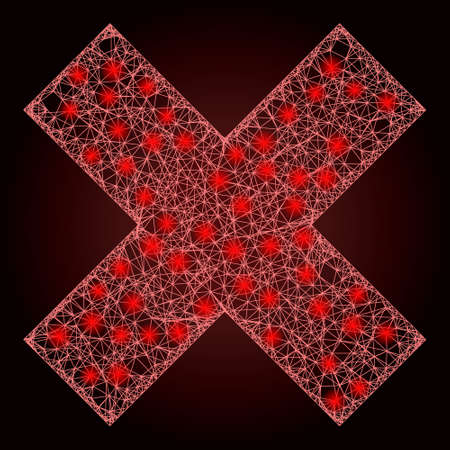 Constellation wire frame x-cross with light spots on a dark red gradient background. Vector frame based on x-cross icon, and from crossing lines. Constellation frame hatched mesh x-cross.のイラスト素材