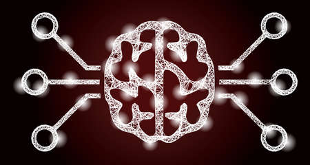 Bright crossing mesh brain circuit with lightspots on a dark red gradient background. Vector grid...