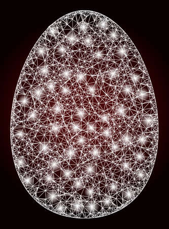 Constellation wire frame egg with lightspots on a dark red gradient background. Vector grid based on egg icon, and with hatched lines. Glossy frame hatched mesh egg.の写真素材