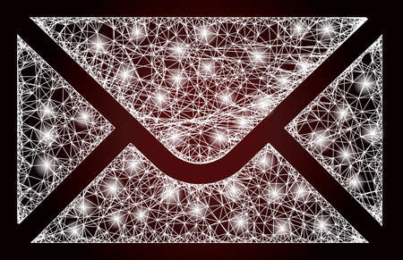 Sparkle crossing mesh envelope with glowing spots on a dark red gradiented background. Vector carcass generated from envelope icon, and with hatched lines. Sparkle carcass hatched mesh envelope.のイラスト素材
