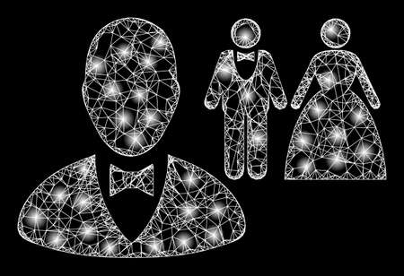 Flare net marriage officiant with lightspots. Vector frame created from marriage officiant icon, and with intersected lines. Flare frame polygonal marriage officiant on a black background.のイラスト素材