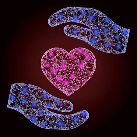 Bright crossing mesh favourite heart care hands with glowing spots on a dark red gradient background. Vector model based on favourite heart care hands icon, and with crossing lines.のイラスト素材