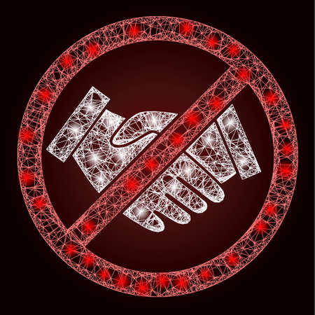 Glowing crossing mesh forbidden handshake with lightspots on a dark red gradient background. Vector model generated from forbidden handshake icon, and from hatched lines.のイラスト素材