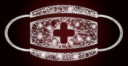 Bright crossing mesh medical mask with lightspots on a dark red gradiented background. Vector frame generated from medical mask icon, and with hatched lines. Bright frame hatched mesh medical mask.のイラスト素材