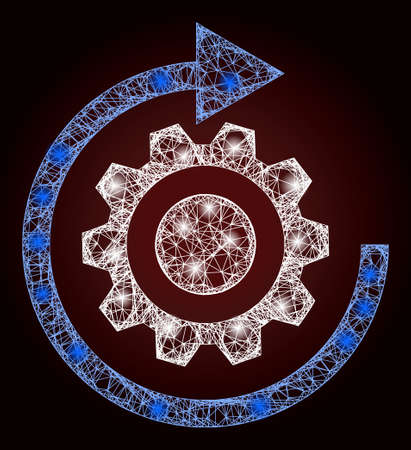 Glossy net mesh gear rotation with light spots on a dark red gradiented background. Vector model based on gear rotation icon, and from hatched lines. Glowing carcass hatched mesh gear rotation.のイラスト素材
